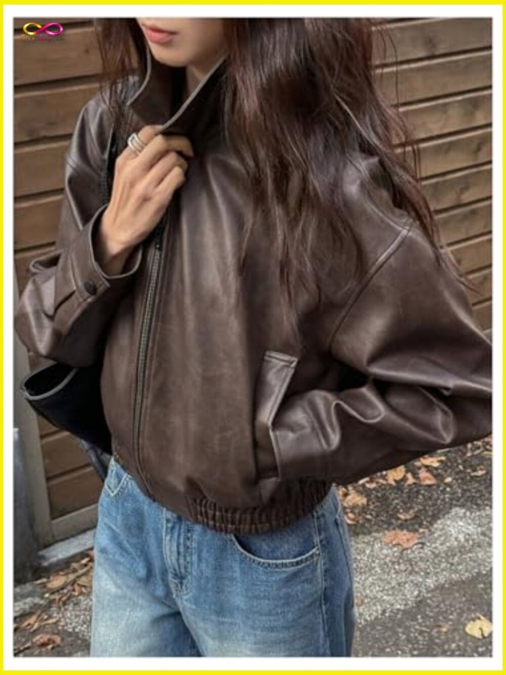 Faux Leather Zip Up Jacket Vintage Collared Long Sleeve Motorcycle Jacket - Picture 5 of 5